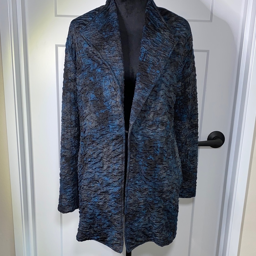 Erin London Blue Black Abstract Textured Open Front Longline Jacket Blazer L
